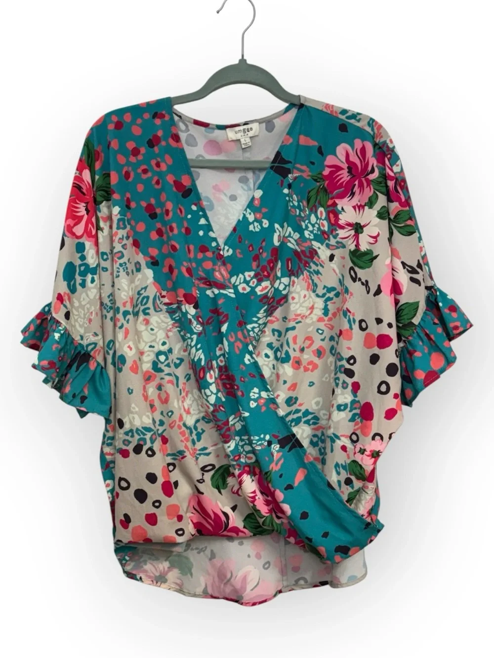 Umgee Teal Floral Surplice Blouse with Pink Accents *2235 - Picture 2 of 3